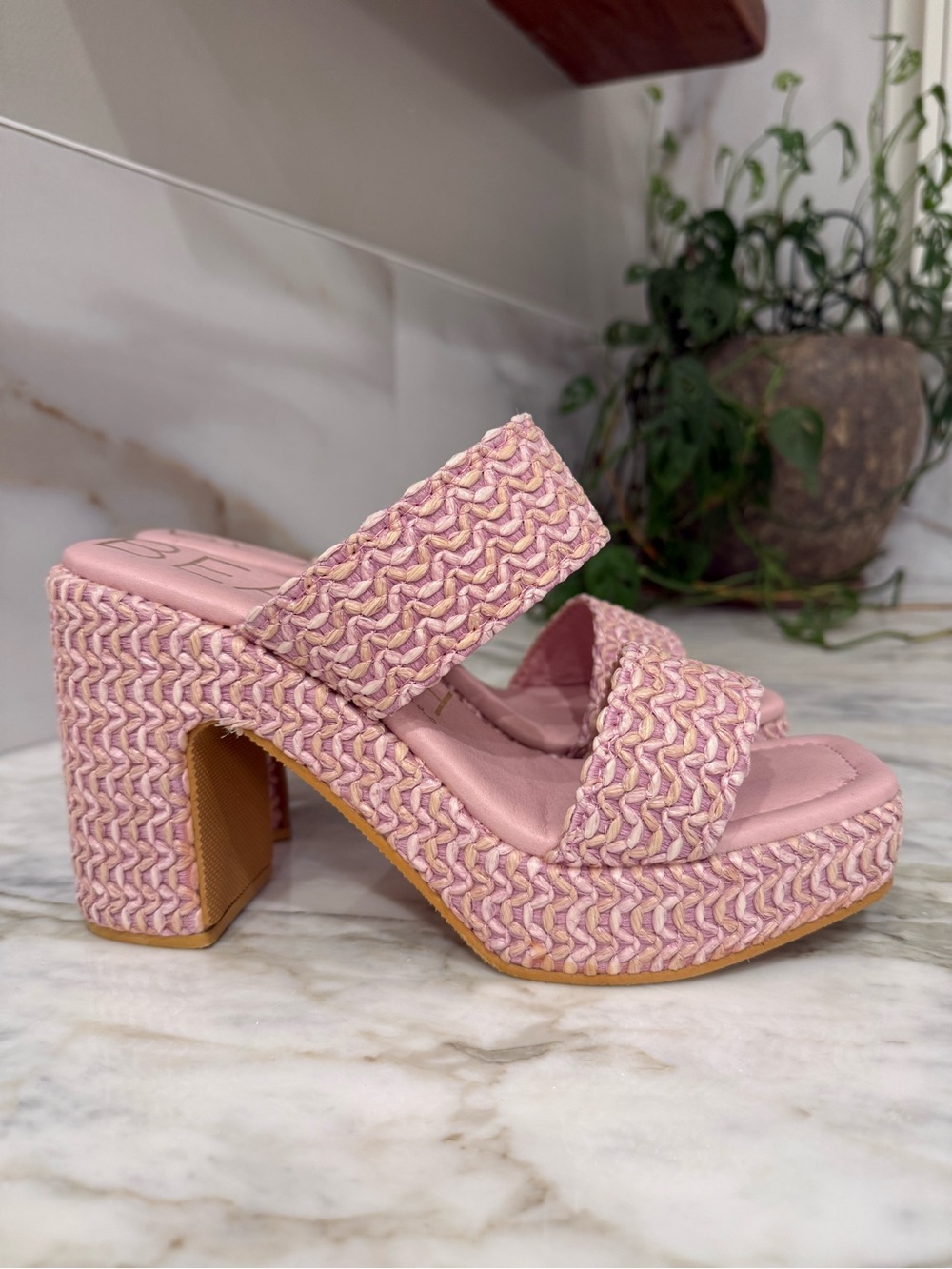 Woven Pink Platform Slide Heels